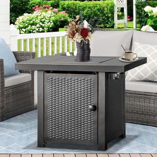 32 Inch Propane Fire Pit Table, Outdoor Gas Fire Pits with 2 Drink Holders, Lid & Lava Rock, 50000 BTU Firepit for Dinning, Party in Outside, Patio, Garden or Yard