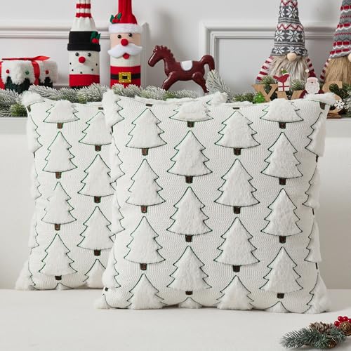 UGASA Star Christmas Decorative Pillow Covers 18x18 Inch Set of 2 Soft Plush Faux Fur Jacquard Throw Pillows Pillowcases for Couch Sofa Holiday Festivals Winter Home Decor, Dark Green