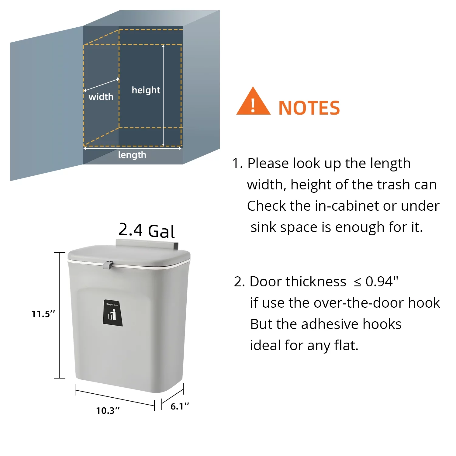 2.4 Gal Hanging Trash Can for Kitchen Cabinet Door with Lid, Small Under Sink Garbage Can for Bathroom, Wall Mounted Counter Waste Compost Bin