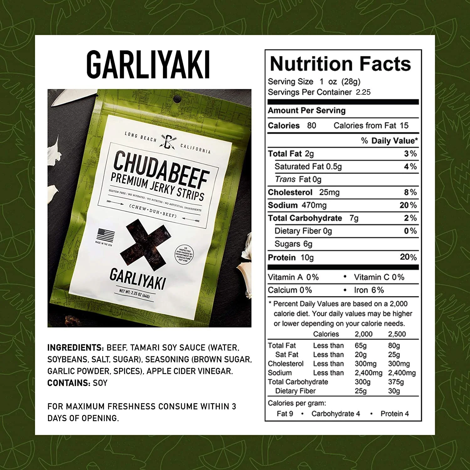 Chudabeef Premium Beef Jerky, Garliyaki, (3) 2.25 oz. Bags - Great Everyday Snack, 10g Protein, 80 Calories, Premium Beef Rib Meat, No MSG, Gluten Free, No Nitrites or Nitrates, No Artificial Anything Garliyaki 1 Count (Pack of 3)