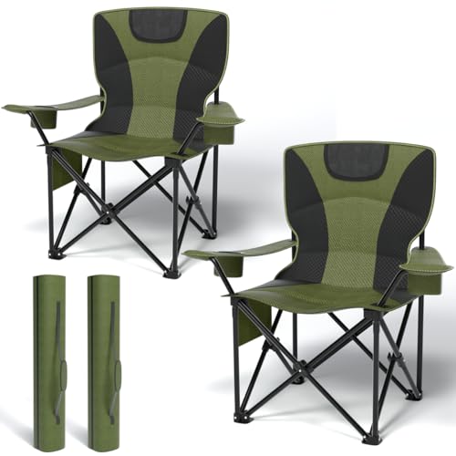 Heavy Duty Folding Chair 500LB Capacity, Oversized Camping Chairs with Cup Holder, Cooler Bag & Storage Pouch, Double-Layer Fabric, Outdoor Chairs for Sports, Lawn Chairs (2, Black Green, Extra Large)