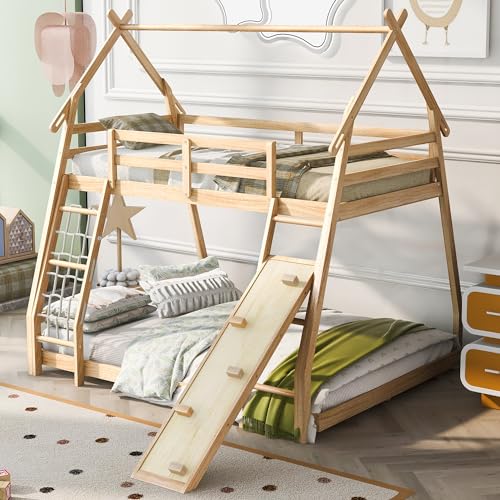 Twin House Loft Bed with Removable Storage Shelves, Wooden House Roof Frame with Under Bed Shelving Storage Unit, Guardrails and Ladder, 82