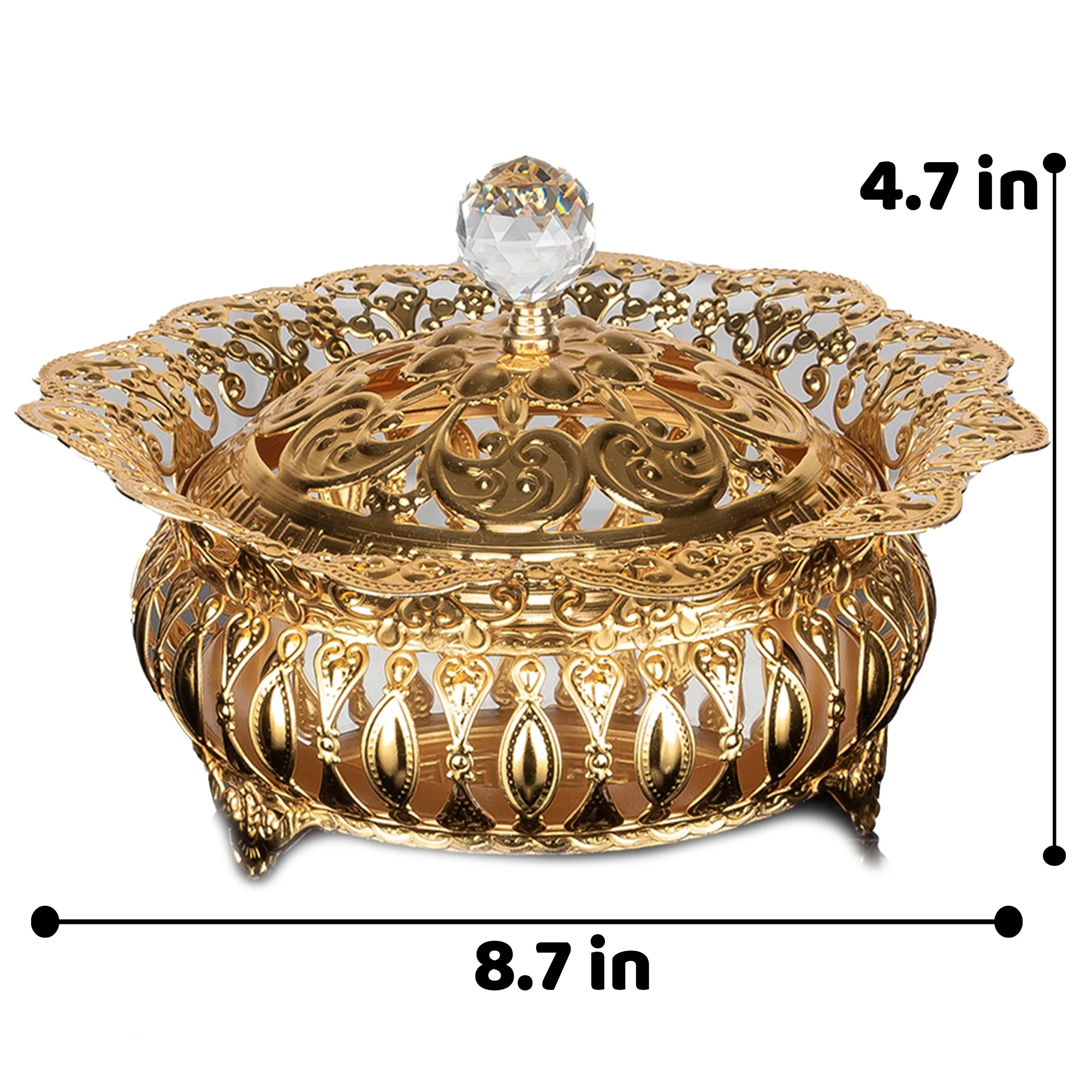 Handmade Fancy Sugar Serving Bowl with Lid and Crystal Top, Stainless Metal Decorative Candy Dish, Footed Gold Candy Jars for Office Desk, 8.7 in