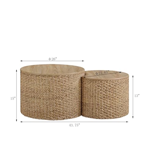 Nesting Coffee Table Set of 2, Coastal Coffee Table with Storage, Woven Coffee Table with Soild Wood Cover, Wicker Coffee Table with Cushion Base