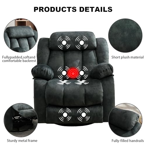 INZOY Massage Swivel Rocker Recliner with Heat and Vibration, Manual Rocking Recliner Chair with Vibrating Massage, Comfy Padded Overstuffed Soft Fabric Heated Recliner, Brown