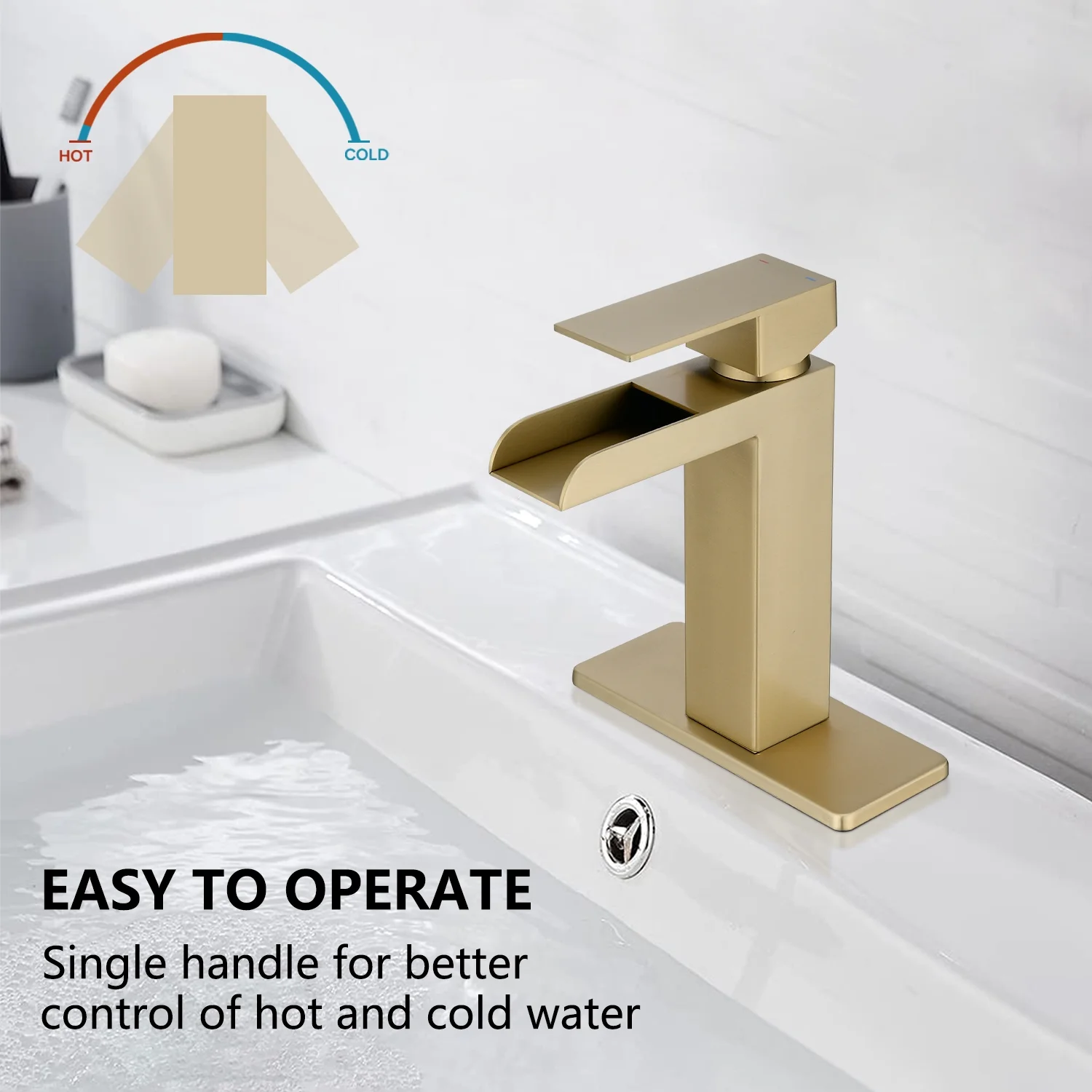 Brushed Gold Waterfall Single Handle Bathroom Faucet, Single Hole Bathroom Faucet with Pop-up Assembly Overflow Drain, 304 Stainless Steel Supply Line and Deck Plate