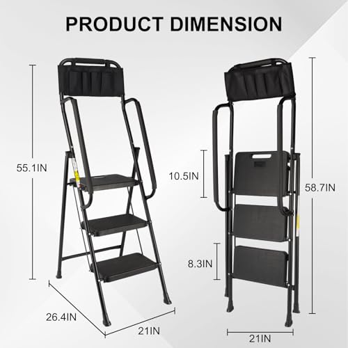 Valeo 3 Step Ladder with Handrails,500 Lbs Capacity,Folding Step Stool Ladder with Attachable Tool Bag,Lightweight & Storage Step Ladder 3 Step Folding,Multi-use for Home,Kitchen,Office,Black