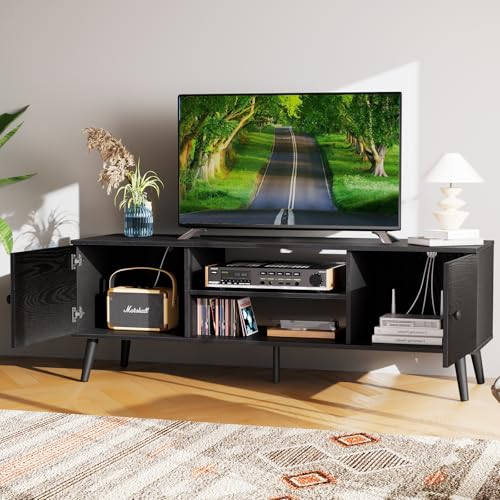 Sweetcrispy TV Stand for 55 60 inch TV, Modern Mid Century Entertainment Center with Storage, Media Console Table 2 Cabinet, Soft Hinge, Handle Door, Wooden Living Room, Office Furniture, Black