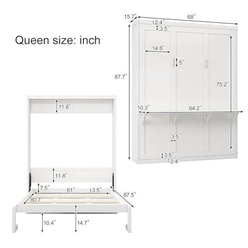 Queen Size Murphy Bed with 2 Side Cabinet Storage Shelves, 68-inch Folding Wall Bed with Desk Combo Perfect for Guest Room, Study, Office (White)
