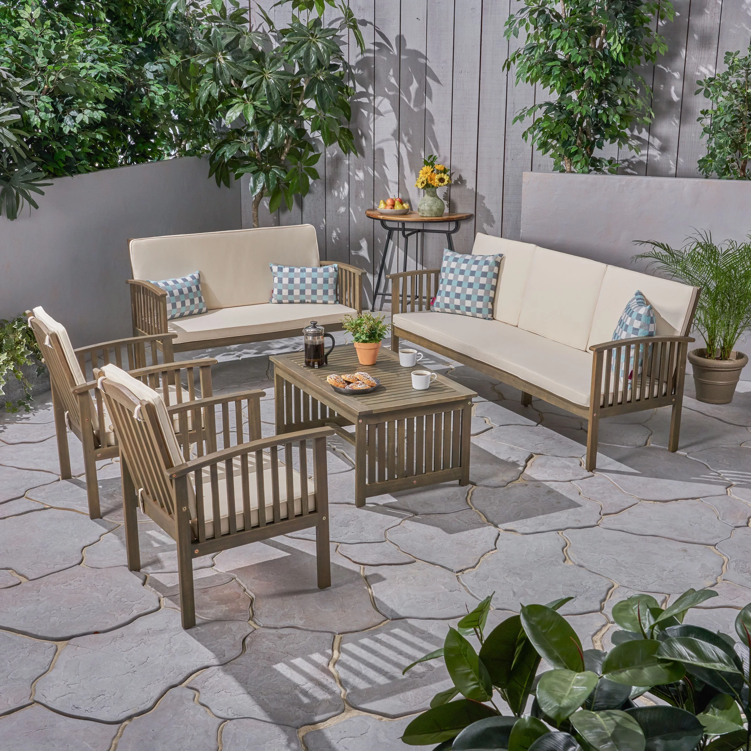 Noble House Carolina 5 Piece Outdoor Acacia Wood Conversation Set in Gray