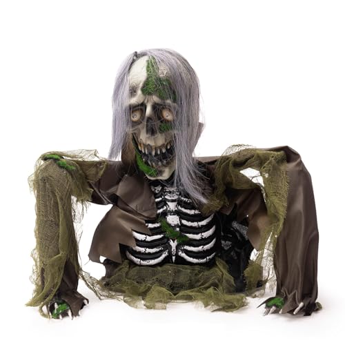 Halloween Zombie Groundbreaker Decoration Outdoor,Scary Animatronics Moss Zombie with Glowing Eyes and Sounds for Graveyard Haunted House Decor,Sounds Activated Animated Swing Body Zombies Props