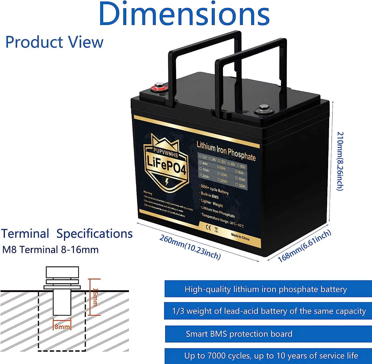 PUPVWMHB 12V 100Ah MINI LiFePO4 Lithium Battery, Bluetooth Lithium Battery,100A BMS,Up to 15000 Cycles, Max.1280Wh Energy with 10 Years Lifetime Low Temp Cut off, Perfect for RV, Solar, Trolling Motor