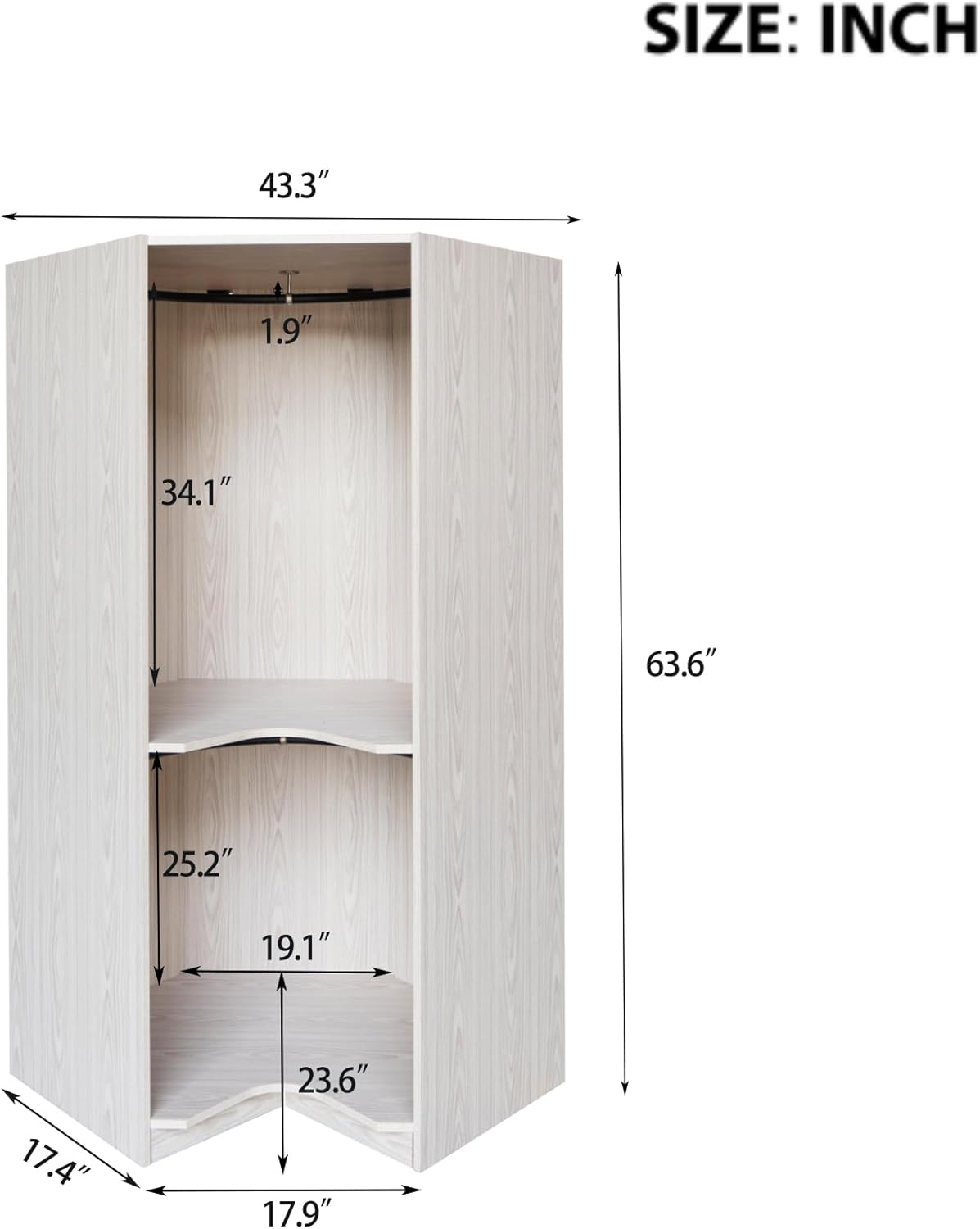 Corner Wardrobe Closet with 2 Hanging Rails and Shelves, Open Style Wooden Clothes Storage Cabinet for Bedroom Office, Polygon Design, 23.6”L x 43.3”W x 63.6”H, Natural