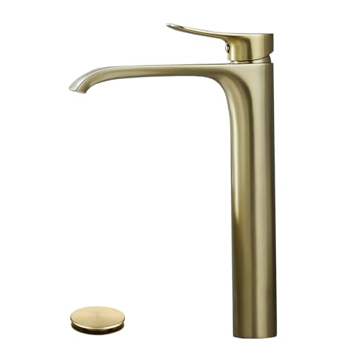 Brushed Nickel Vessel Sink Faucet, Single Handle Modern Waterfall Tall Bathroom Sink Faucet, Brass, 1 Hole, 1 Handle, Deck Mount, Vessel Install, Includes Supply Hoses, Drain, Manual