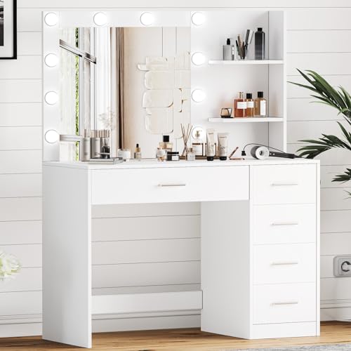 Vanity Table with Mirror and Lights, 3 Lighting Colors, Bedroom Makeup Vanity with Charging Station, Makeup Desk with 5 Drawers and Open Storage Shelves, White KES001WSZT