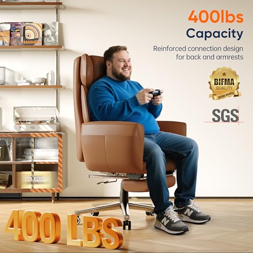 GABRYLLY Ergonomic Chair with Footrest – Wide Cross Legged Chair with Reversible Armrests, 120°Tilt, Heavy-Duty Base, Big and Tall Executive Chair Plus, Brown, GY82766