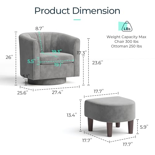 LINSY Swivel Accent Chair, Velvet Small Barrel Chair with Ottoman, 360 Degree Swivel Armchair for Living Room Bedroom Nursery Office (Gray)