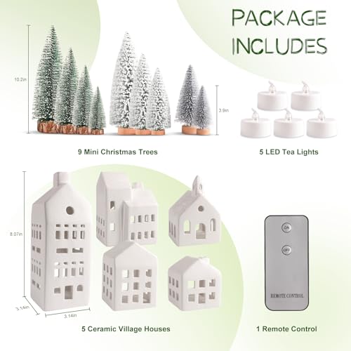 Christmas Decorations Indoor - Christmas Village Sets of 5 Ceramic Houses with LED Lights Remote and 9 Trees - Winter Rustic Farmhouse Home Holiday Xmas Decor for Mantel Tabletop Room