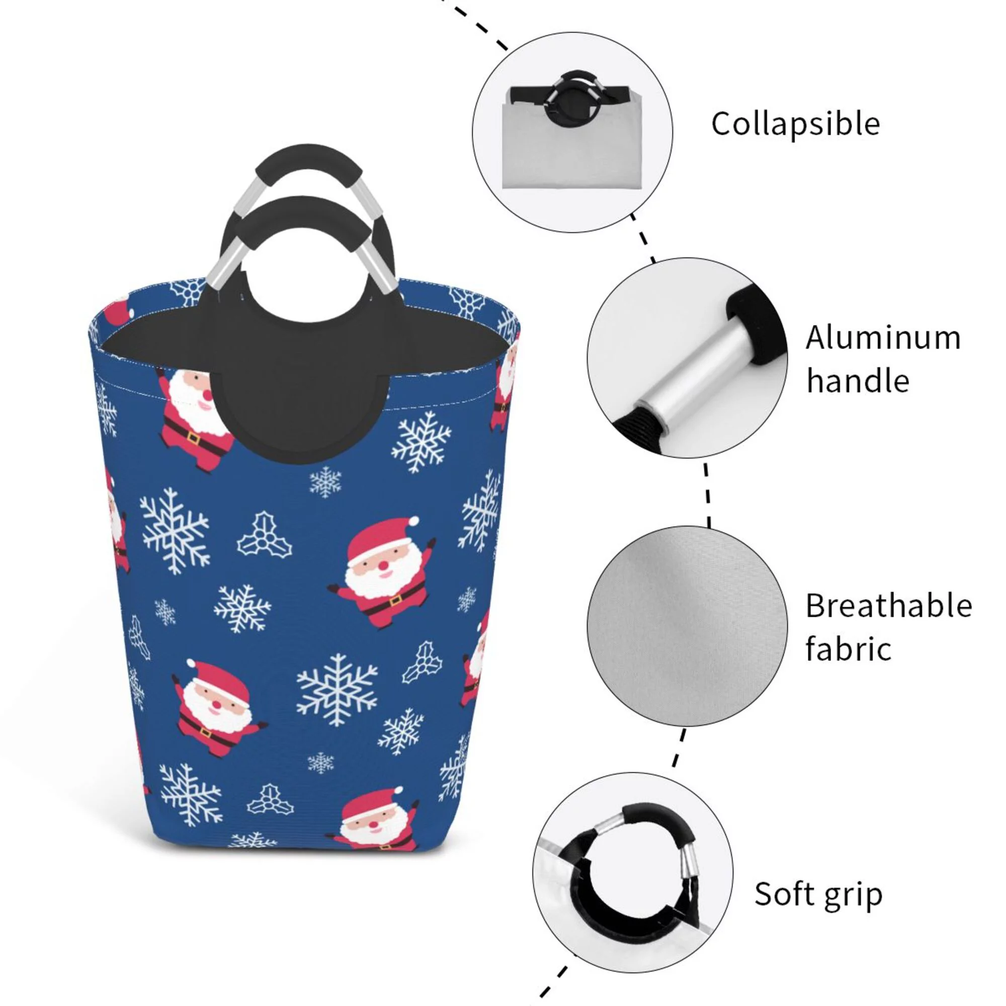 TEQUAN 50L Large Rectangular Laundry Hamper with Aluminum Handles, Santa Claus Snowflake Prints Waterproof Foldable Dirty Clothes Basket