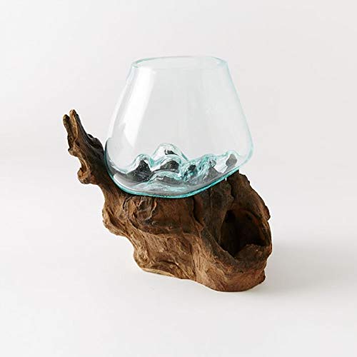 Hand Blown Molten Glass & Teak Wood Terrarium/Vase/Fish Bowl - Premium Quality (6