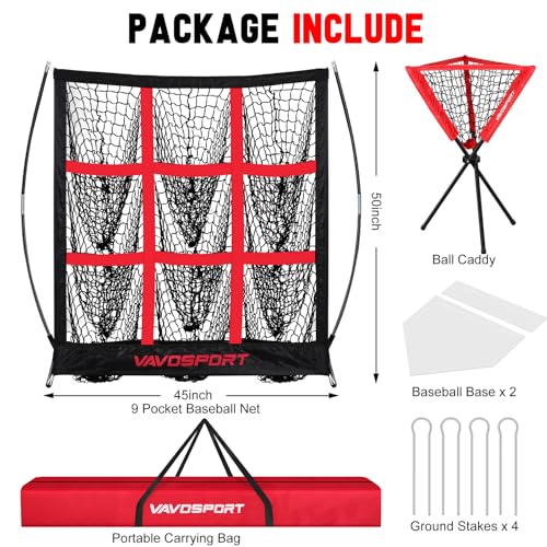 9-Square Pitching Target Net Set - Softball & Baseball Net with Strike Zone, Ball Caddy, Softball Base Accessories, Adult & Youth Training Equipment