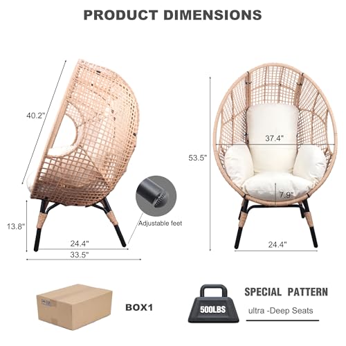 2 pcs Oversized Wicker Egg Chair Outdoor Indoor - Rattan Patio Egg Lounge Chairs with Cushion 500lbs Capacity for Living Room, Balcony, Backyard