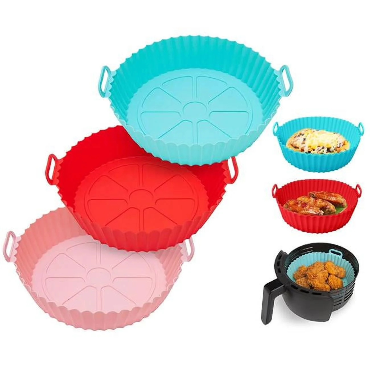 3Pcs Foldable Air Fryer Silicone Pot 464°F Heat Resistant Round Replacement for Parchment Liners, 3 Food Grade Baking Pans - Multi