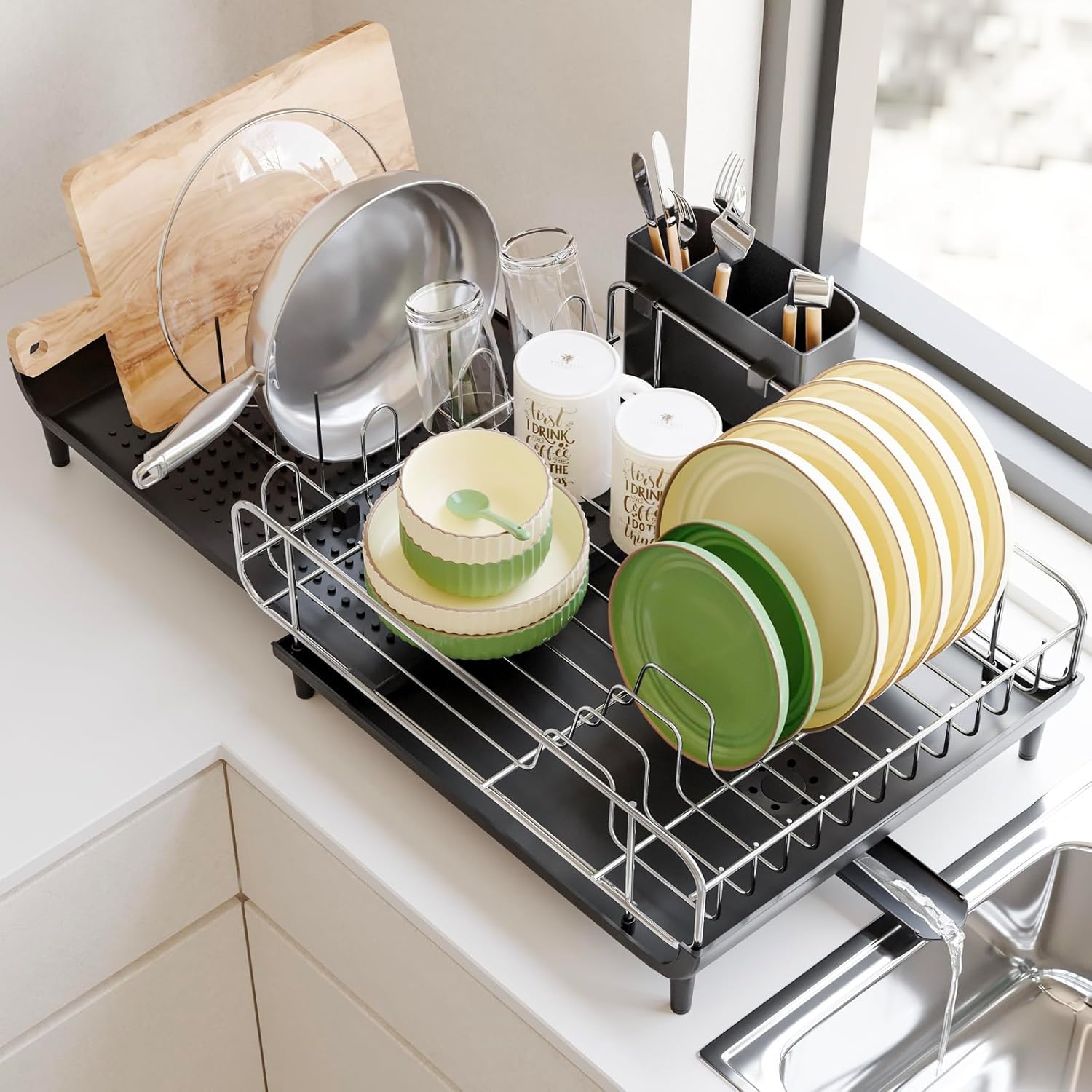 Fixwal Large Dish Drying Rack, Dish Rack for Kitchen Counter, Expandable Stainless Steel Dish Drainers, Kitchen Gadgets with Utensil Holder & Drainboard for Various Kitchenware