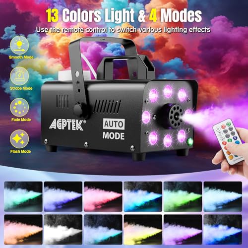AGPTEK Fog Machine, Smoke Machine with 13 Colorful LED Lights Effect, Auto Mode 2000CFM Fog with 1 Wired Receiver and 2 Wireless Remote Controls, Perfect for Wedding, Halloween, Party and Stage Effect