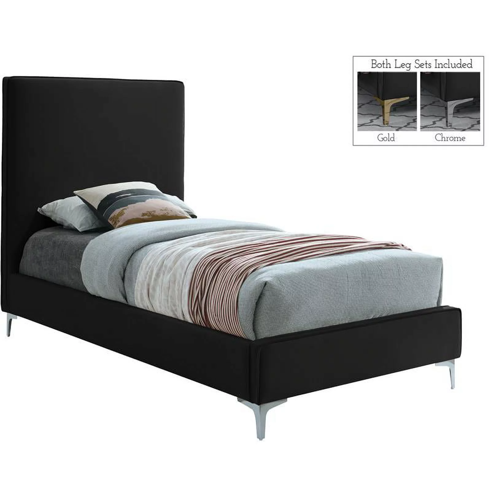 Meridian Furniture Geri Black Velvet Twin Bed with Gold and Chrome Legs Included