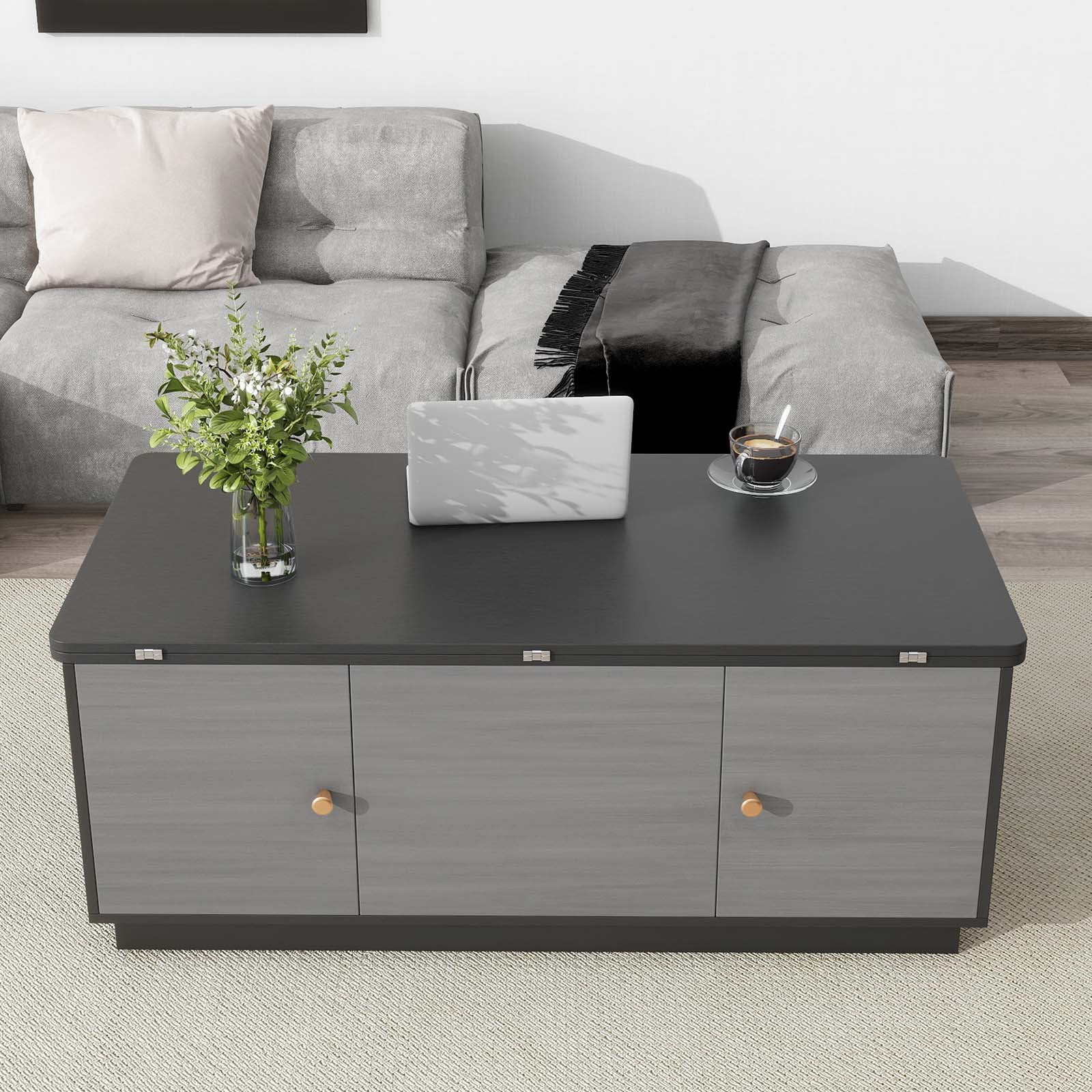 YISUYA Modern Multifunctional Coffee Table, Rectangle Lift-top Coffee Table, Gray Multi-Functional End Table with 2 Storage Cabinets and Hidden Storage, Can be Used as A Dining Table or Workspace