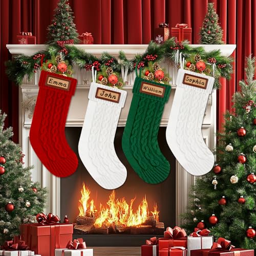 Personalized Christmas Stockings Knitted Set of 4: 18'' Large Knit Family Christmas Stocking Custom Name with Leather Patches White Red Green Bulk Xmas Stocking Hanging Decorations for Home Party
