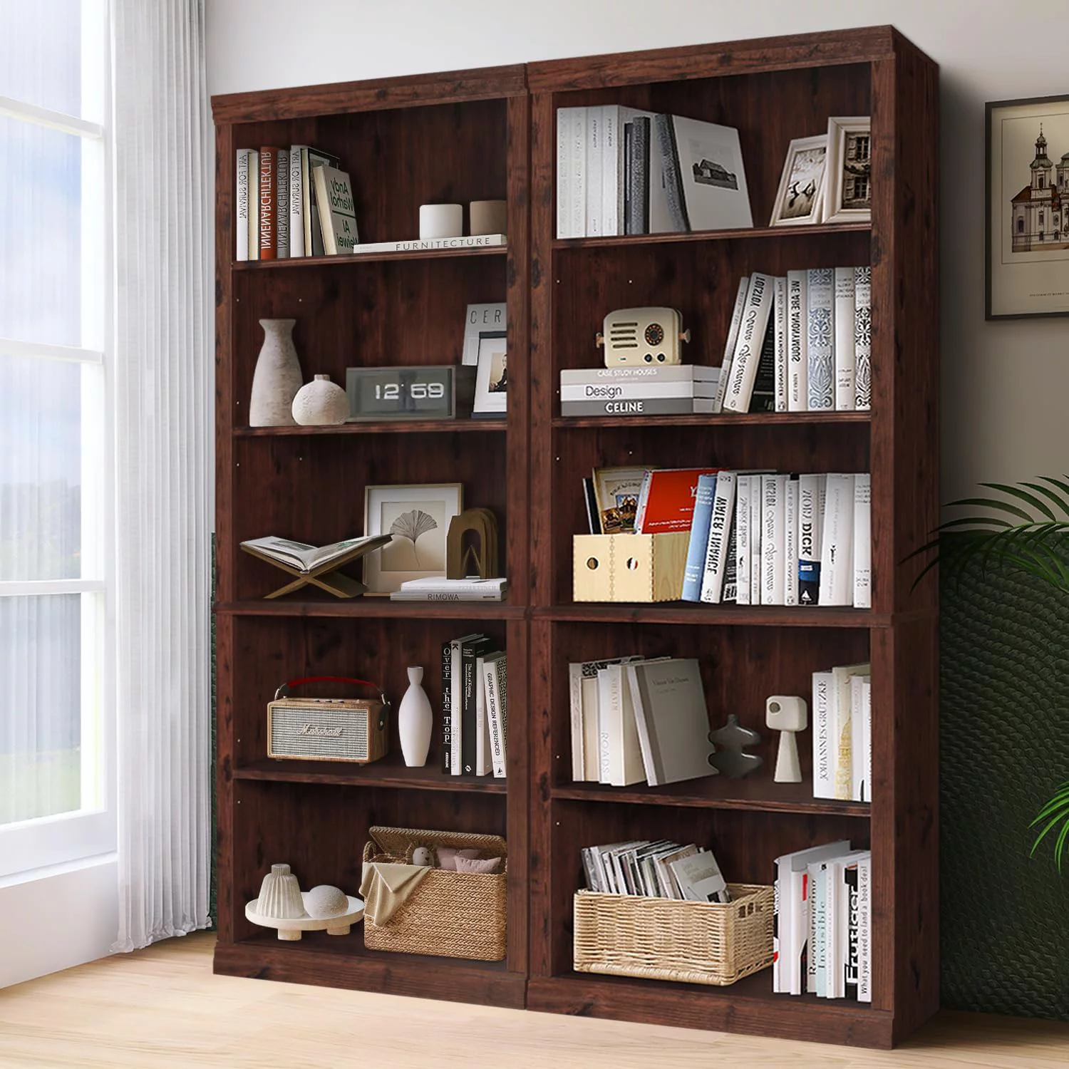 ENSTVER Wooden 5-Shelf Bookcase with Adjustable Shelves, Cherry