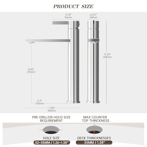 Phiestina Brushed Gold One Hole High Bathroom Vessel Sink Faucet, Single Hole Single Handle Tall Bathroom Faucet, with Pop Up Drain and Water Supply Line,FH01-BG-V