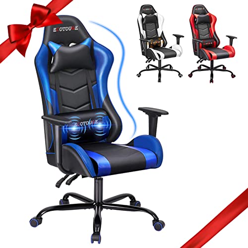 ECOTOUGE PC Massage Gaming Chair with Footrest Ergonomic Office Desk Chair Racing PU Leather Recliner Swivel Rocker with Headrest and Lumbar Pillow, Blue