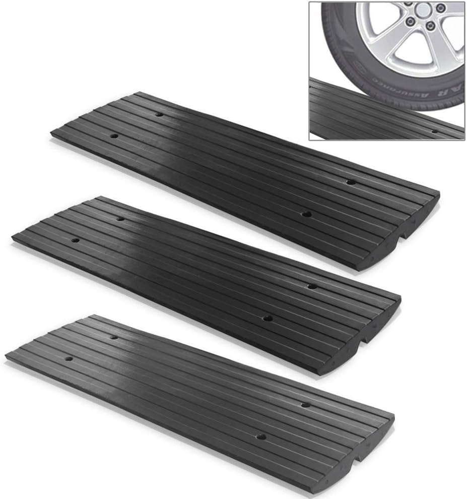 Pyle Car Driveway Adjustable Curb Ramps - 3 Pack Heavy Duty Rubber Threshold Ramp Kit Set -For Loading Dock, Garage, Sidewalk, Truck, Scooter, Bike, Motorcycle & Wheelchair Mobility- PCRBDR23