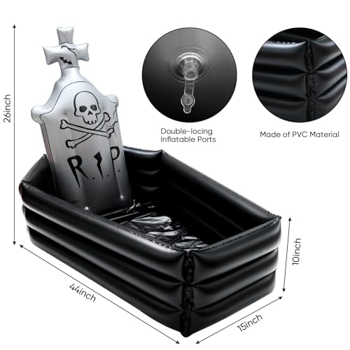 44 Inch Halloween Inflatable Tombstone Coffin Drink Cooler Party Supplies, Halloween Party Beverage Holder for Indoor Outdoor Home Party Decorations Inflatable Serving Bar Drink Container