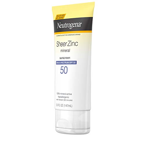 Neutrogena Sheer Zinc Oxide Dry-Touch Sunscreen Lotion with Broad Spectrum SPF 50, Water-Resistant, Hypoallergenic & Non-Greasy Mineral Sunscreen, 3 fl. oz