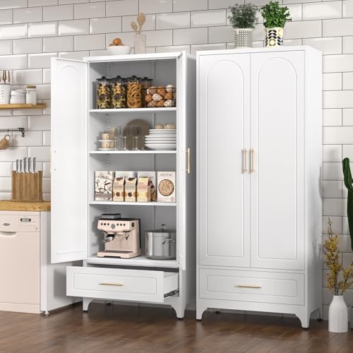 Metal Storage Cabinet with Doors and Shelves, 71 Inch Tall Kitchen Pantry Cabinet, Pantry Cabinets for Kitchen Storage, Freestanding Cupboard for Living, Dining Room, White, Assembly Required