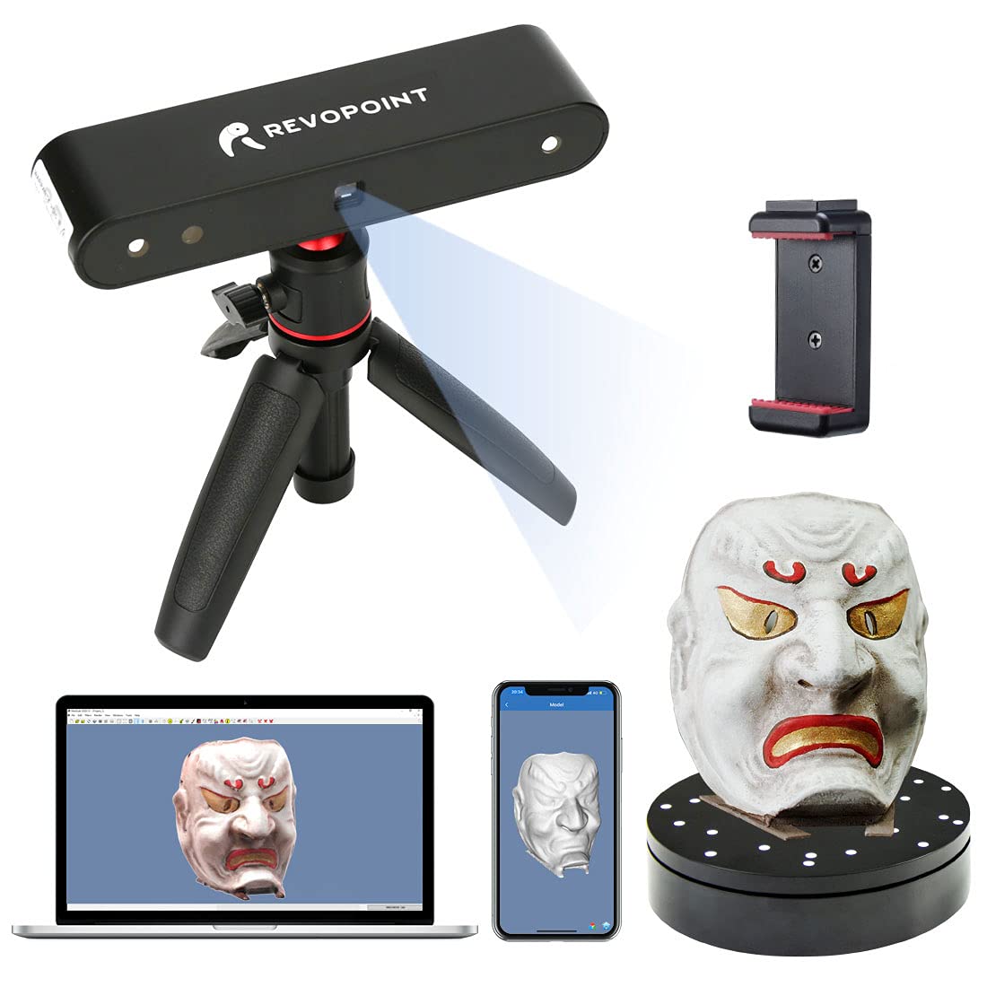 Revopoint POP 3D Scanner with Turntable 0.3mm Accuracy 8 Fps Scan Speed Desktop and Handheld Fixed/Auto Scan Mode for Face and Body Scanning Modes for Color 3D Printing