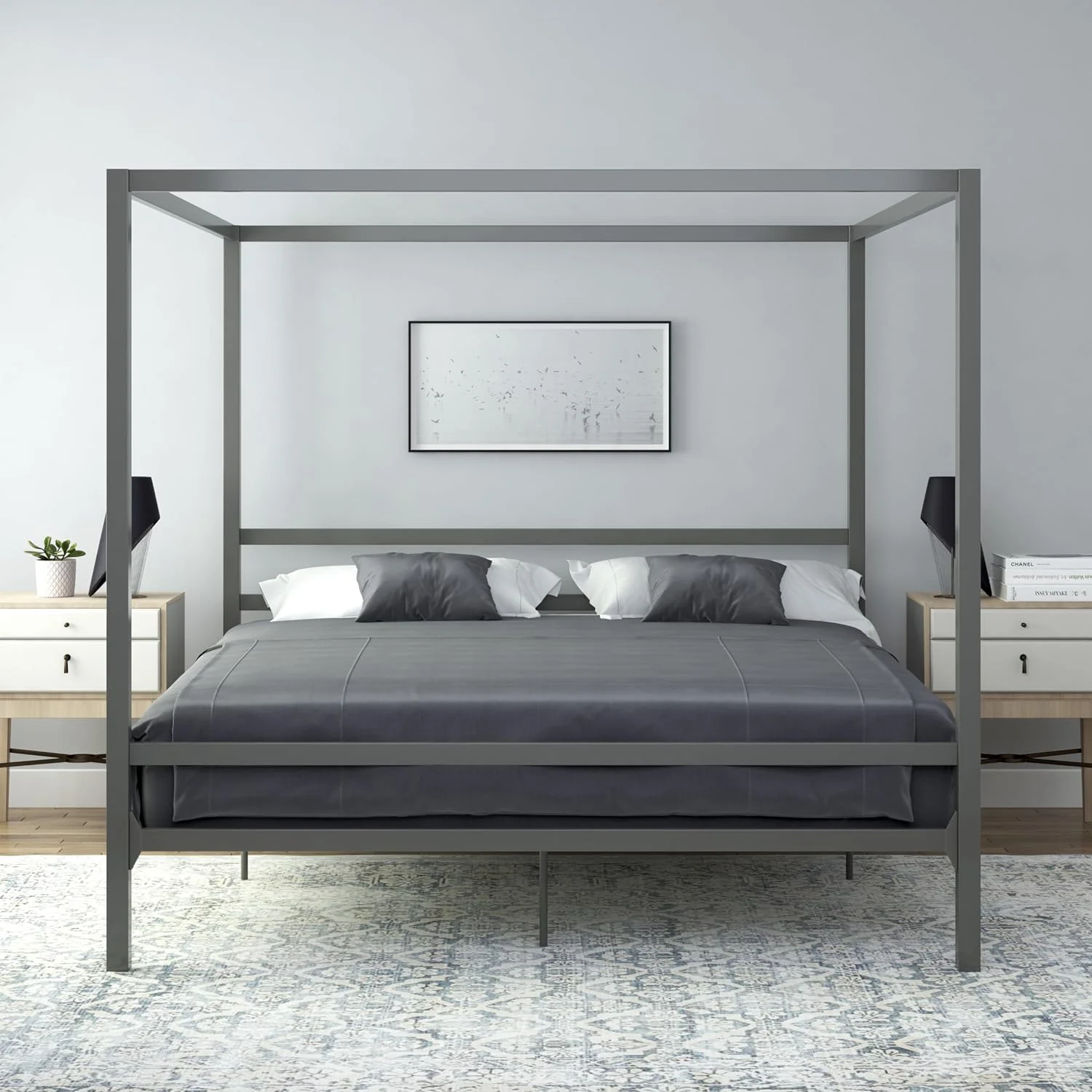 LIHONG Modern Metal Canopy Platform Bed with Minimalist Headboard and Four Poster Design, Underbed Storage Space, No Box Spring Needed, King, Gunmetal Gray