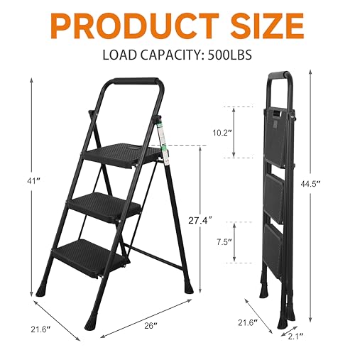 3 Step Ladder, Protable Steel Folding Stool with Wide Anti-Slip Pedal, 500lbs Sturdy Steel Ladder, Black