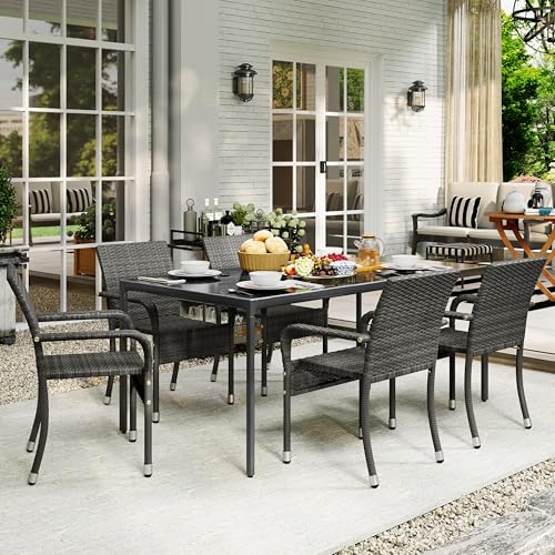 Yaheetech Set of 2 Stackable Outdoor Rattan Dining Chairs, All-Weather Firepits Armchair w/Armrests, Steel Frame for Garden, Patio, Deck, Yard, Poolside, Gray