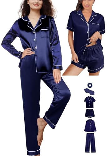 6Pcs Womens Silk Satin Pajamas Set XS-XXL Pajama Sets Pjs Set Button Down Pj Sets Sleepwear Loungewear