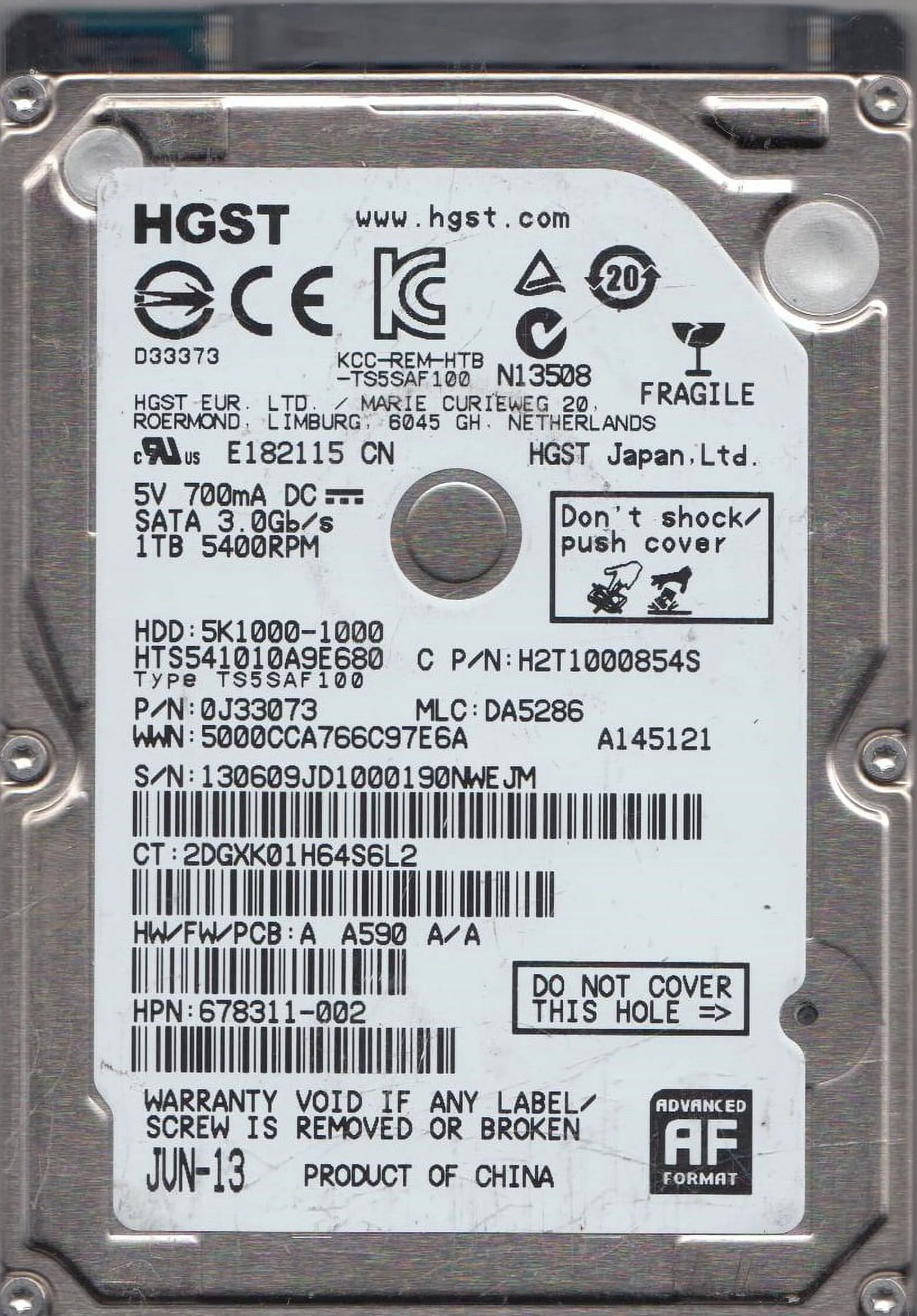 HTS541010A9E680, PN 0J33073, MLC DA5286, Hitachi 1TB SATA 2.5 Hard Drive