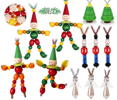 Tieshankao 16PCS Christmas Crafts DIY Beads Ornaments Kits for Adults Include Nutcracker, Angel, Elf, Tree - Xmas Holiday Toys Gifts Stocking Stuffers Decor Party Decorations Supplies(Need Assembly)