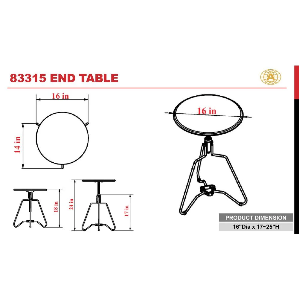 ACME Sada Adjustable Round End Table with Metal Frame in Espresso and Black