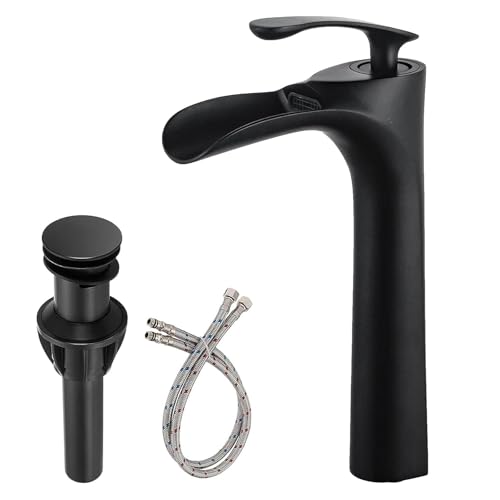 Bathroom Vessel Sink Faucet, Waterfall Oil Rubbed Bronze Bathroom Faucet, Vessel Faucet, Tall Body 1 Hole Single Handle with Pop Up Drain Combo Vanity Mixer Tap Basin Bowl Sink