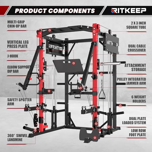 Smith Machine with Jammer Arms & Leg Press with Adjustable Dual Pulley Ratio (1:1 & 2:1), PMAX-4750 All-in-One Commercial & Home Gym Equipment, Heavy-Duty Steel Frame by RitKeep