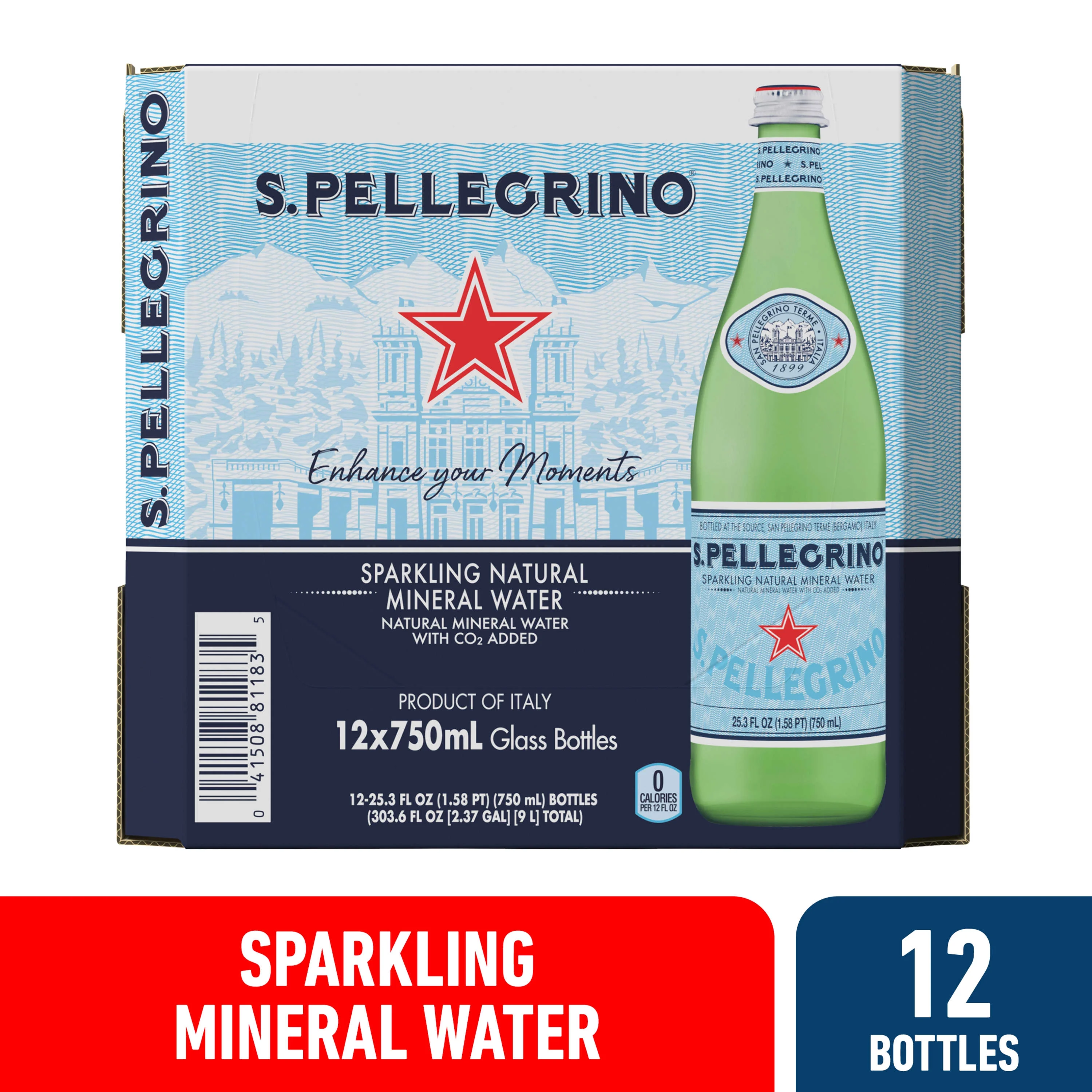 S.Pellegrino Sparkling Natural Mineral Water, 303.6 fl oz, 12 Pack Glass Bottles